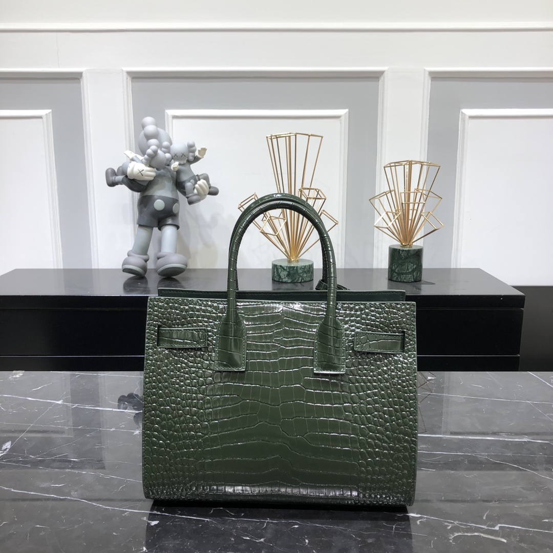 Saint Laurent Sac De Jour Baby Crocodile Embossed Calfskin Handbag Shoulder Bag Army Green 421863 Silver